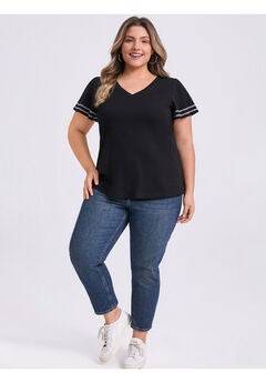 Contrasting Colors Top Ruffle Short Sleevs Tee Shirt Blouse