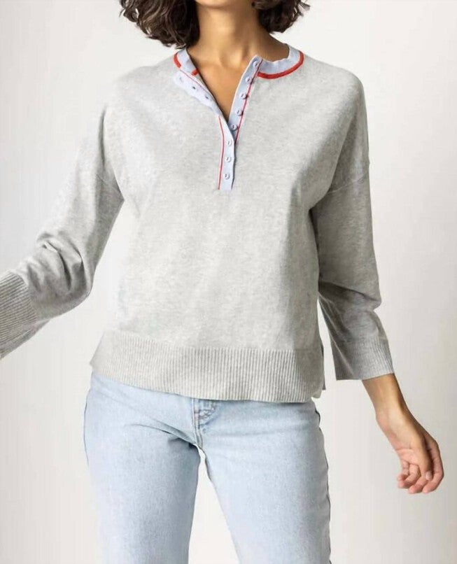 CONTRAST TRIM HENLEY SWEATER IN HEATHER GREY, Heather Grey / Cool Gray, hi-res image number null