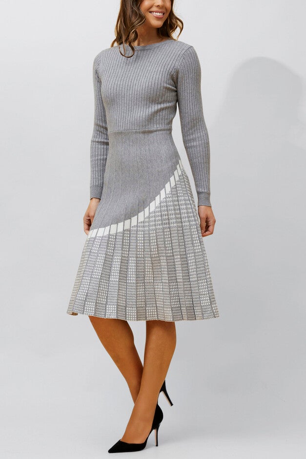 Leslie Dress Knit Prince De Galle Pleated Skirt, Grey / Light Grey, alternate image number 1