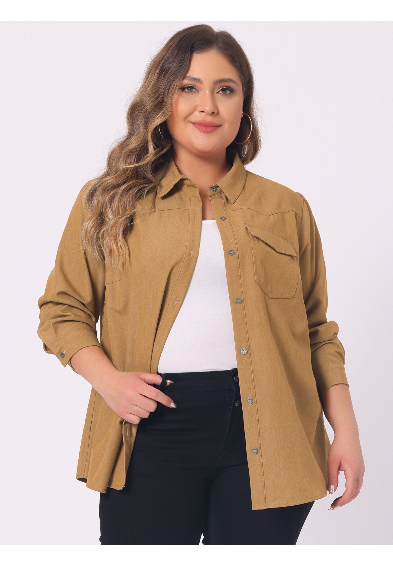 LONG SLEEVE CHEST POCKET DENIM CHAMBRAY SHIRT, Light Brown / Bronze, alternate image number 1