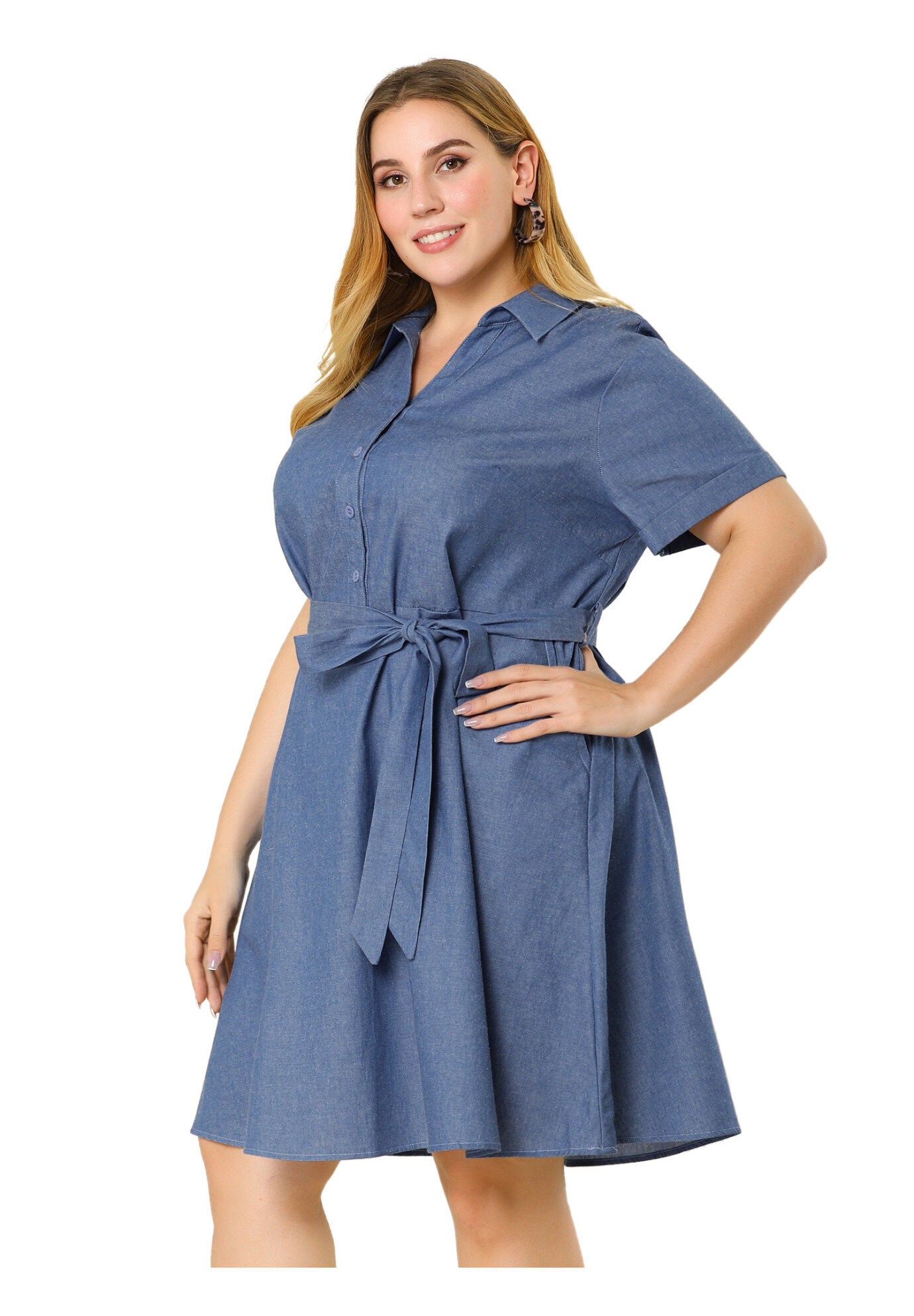 Buttons Belted Short Sleeves Chambray Dress, Blue / Chambray Denim Medium, alternate image number 3