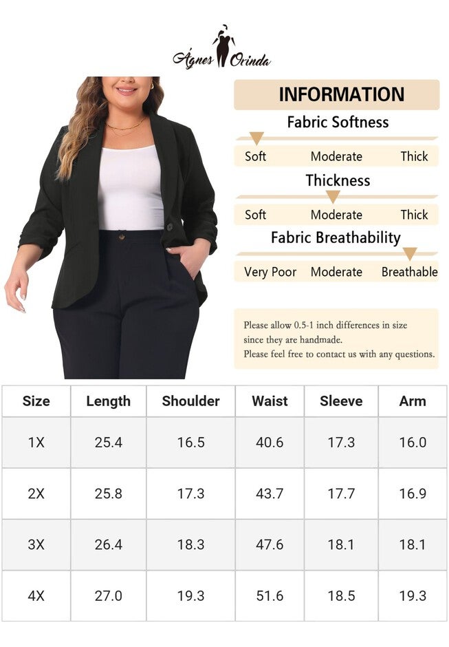 3/4 RUCHED SLEEVE OPEN FRONT LIGHTWEIGHT WORK BLAZER, Black / Black, alternate image number 4
