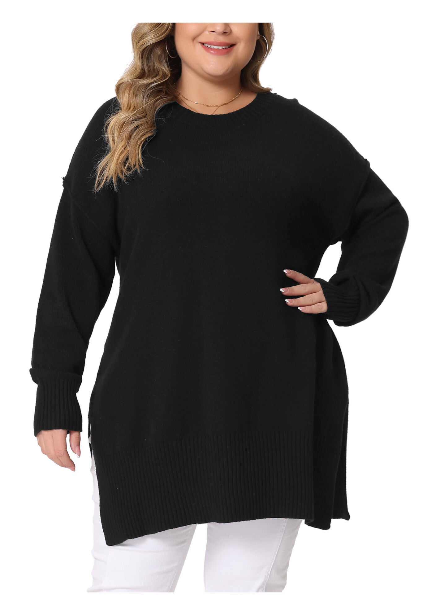 OVERSIZED CREW NECK LONG SLEEVE SLIT HEM KNIT PULLOVER SWEATER, Black / Black, alternate image number 1