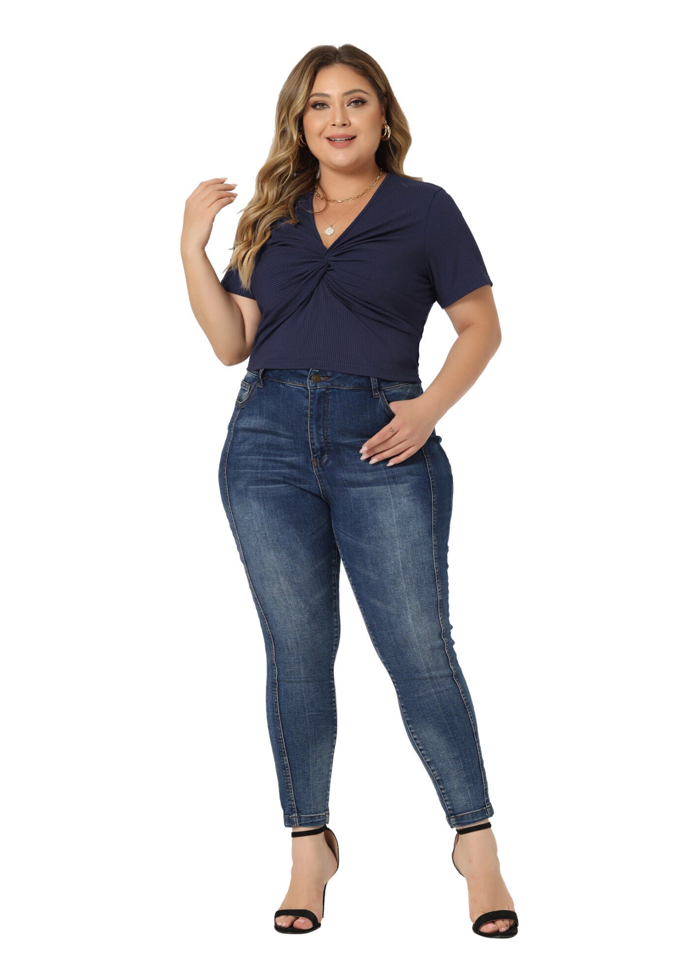 Twist Front V Neck Ribbed Short Sleeve T-Shirt Top, Navy Blue / Navy, hi-res image number 0