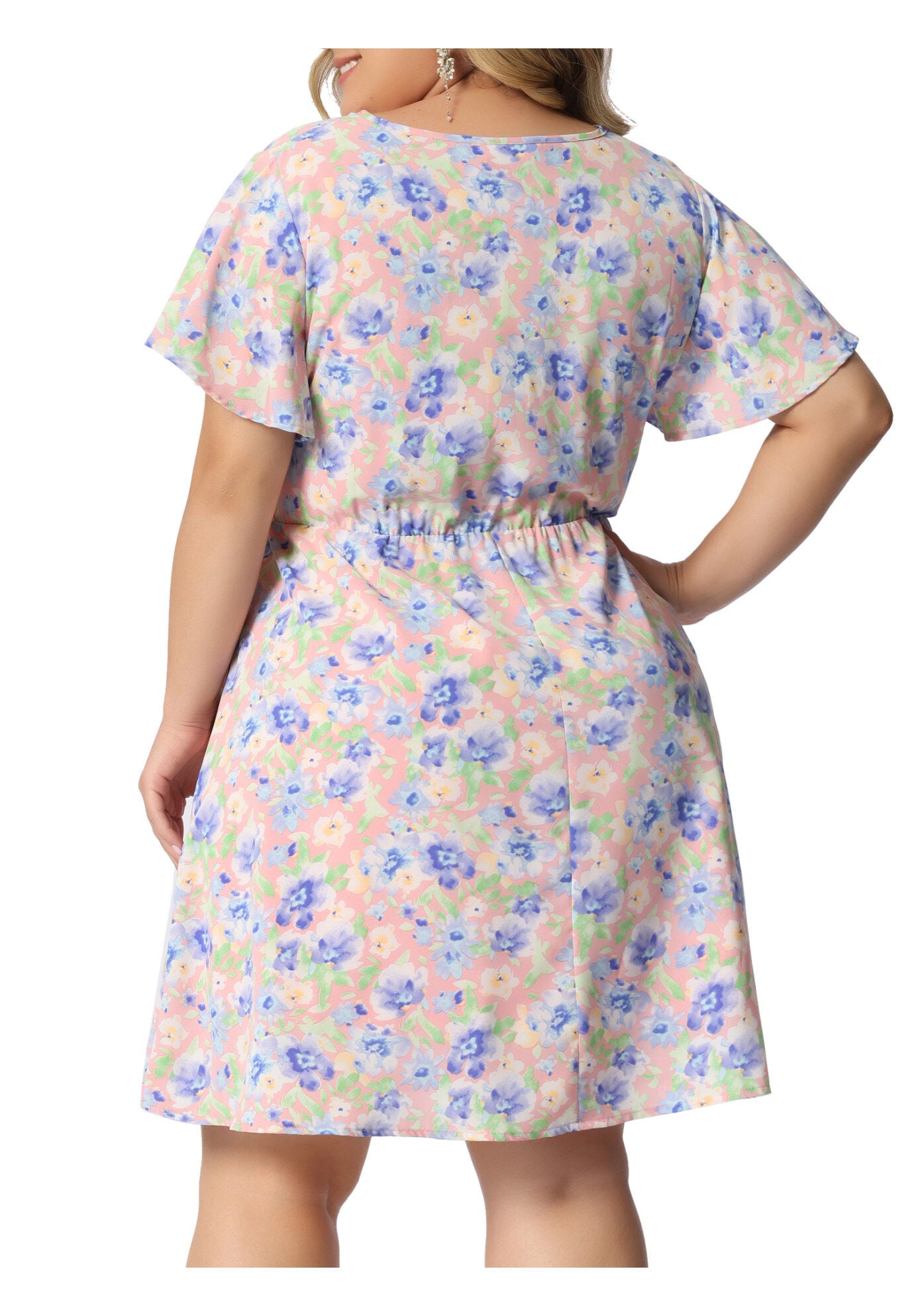 Floral Drawstring Waist V Neck Dress, Pink / Pink, alternate image number 3