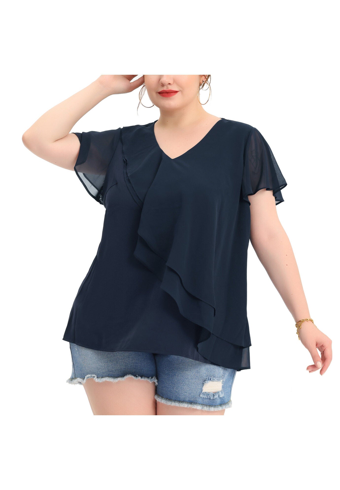 Flutter Sleeves Blouse V Neck Layer Chiffon Ruffle Top, Navy Blue / Navy, alternate image number 2