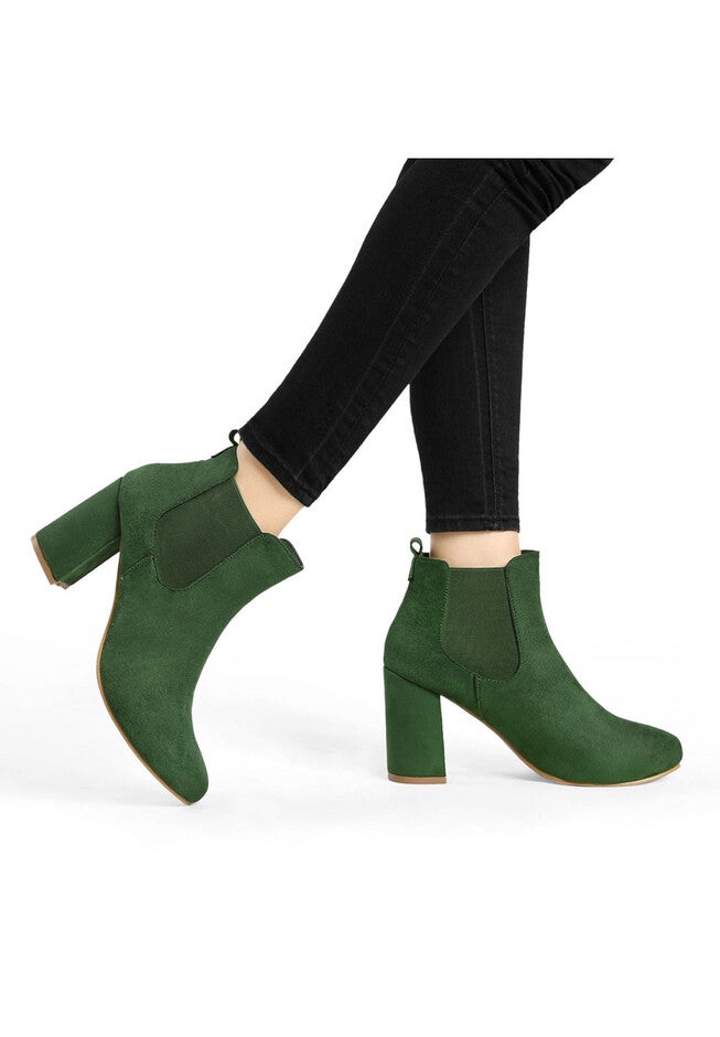 ROUND TOE CHUNKY HEEL CHELSEA ANKLE BOOTS, Green / Forest Green, alternate image number 1