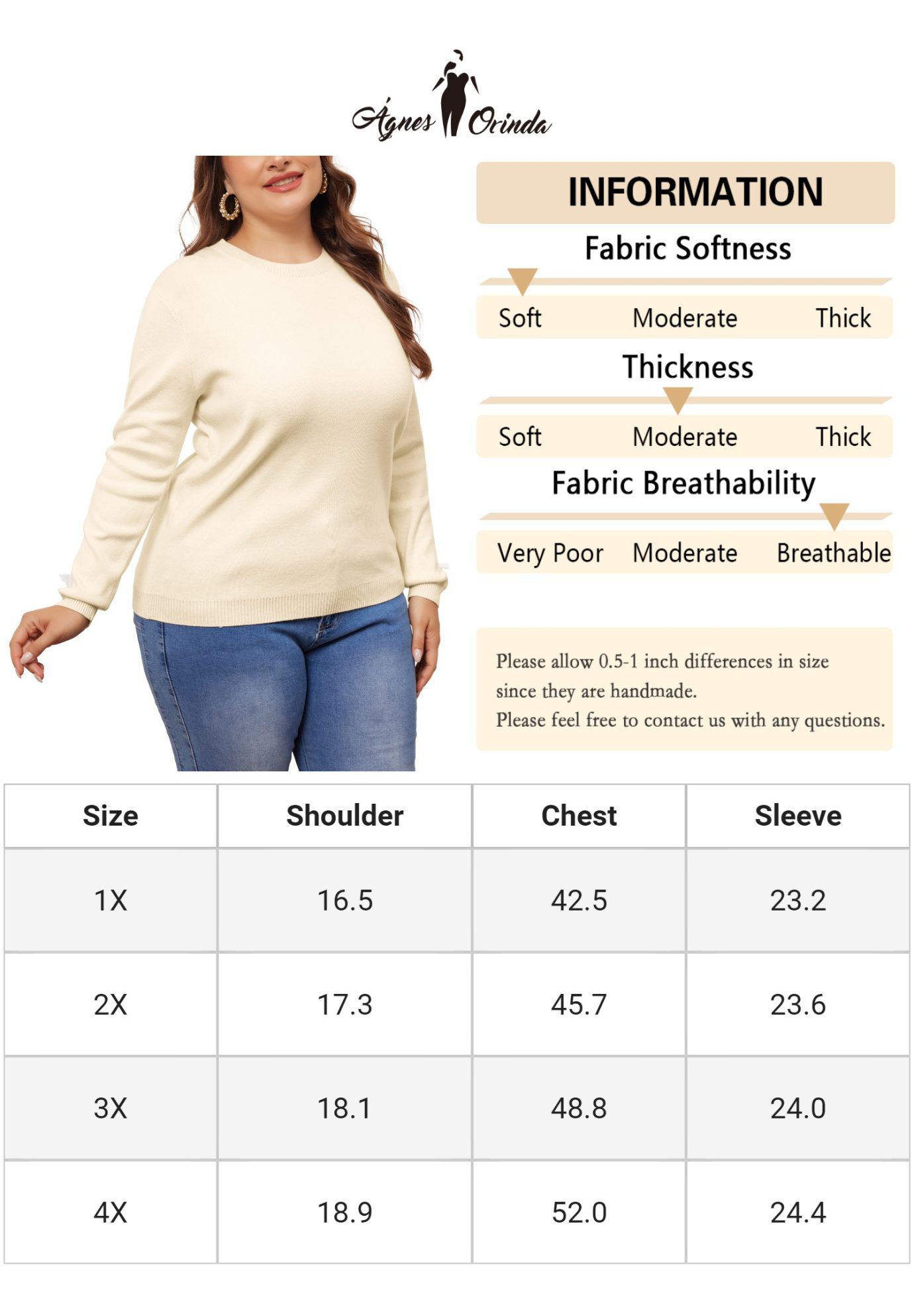 Long Sleeve Crewneck Knit Sweater Tee Top, Apricot / Beige, alternate image number 4