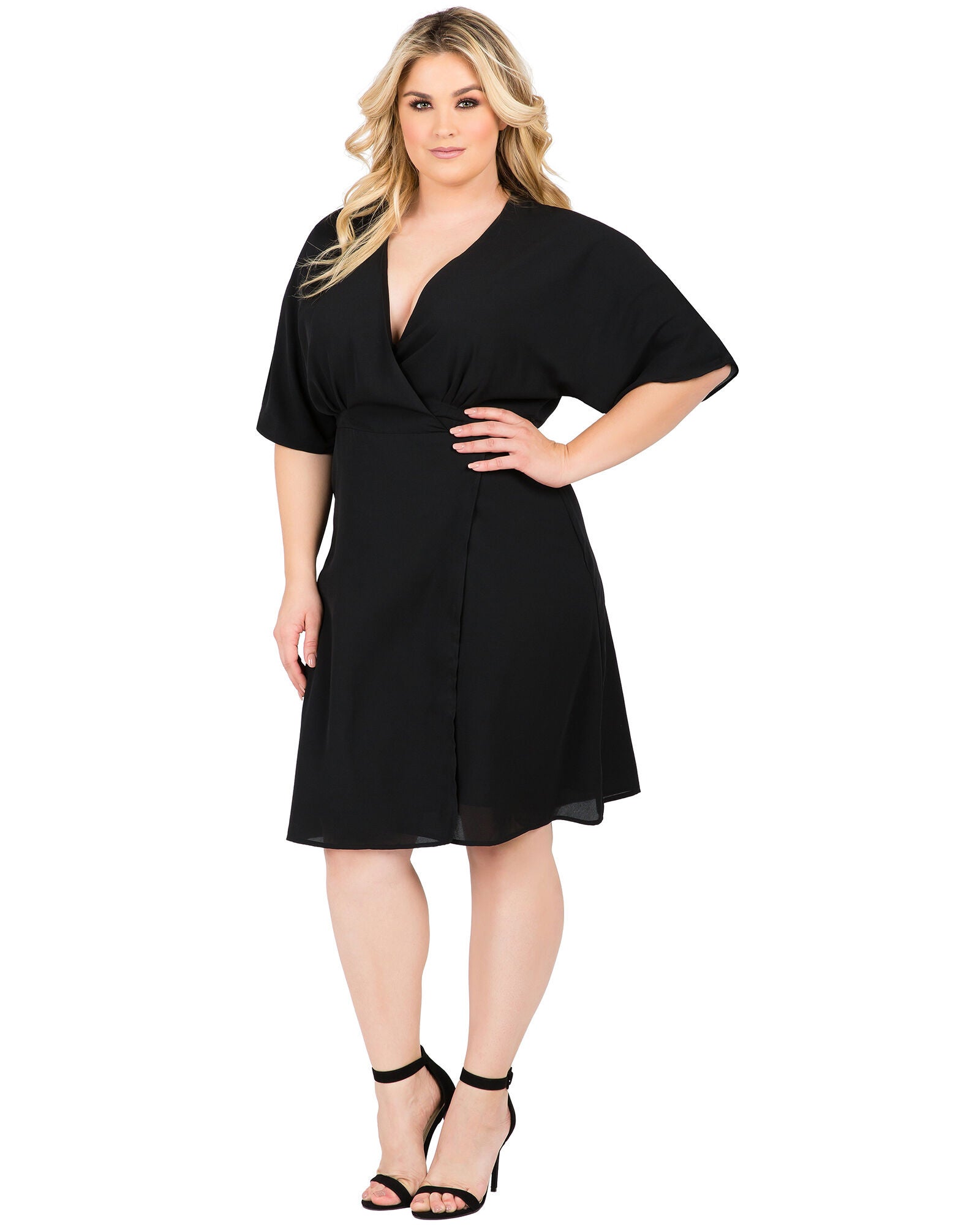 Plus Size Candice V-Neck Kimono Wrap Midi Dress, BLACK / Black, alternate image number 4