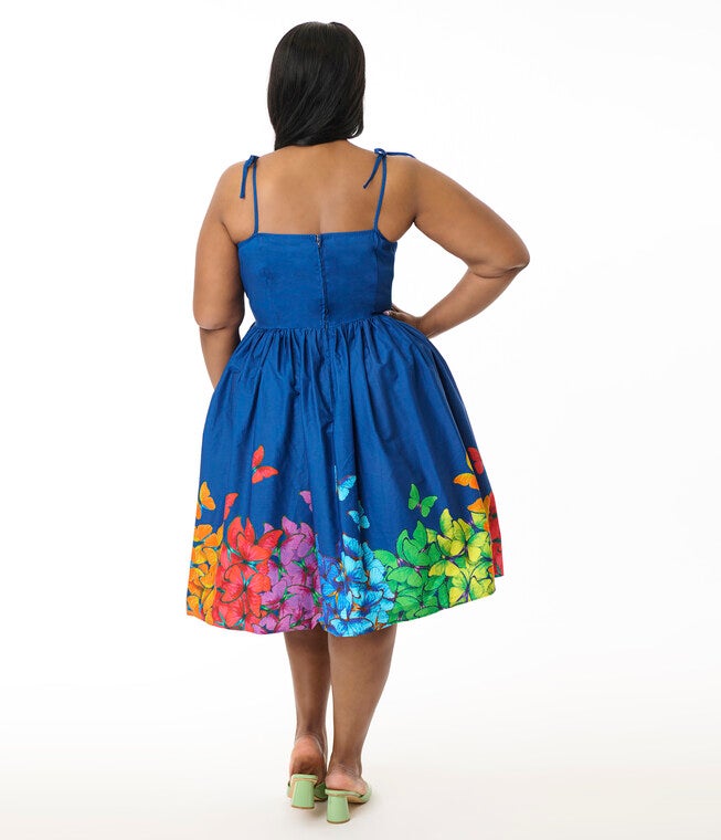 Unique Vintage Plus Size Rainbow Butterfly Cotton Bobbie Swing Dress, White / White, alternate image number 2