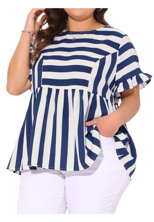 Loose Flowy Summer Babydoll Peplum Blouse, Blue White / Navy, alternate image number null