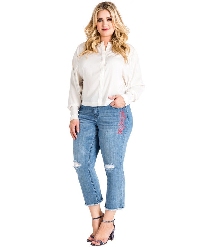 Plus Size Jamie Chinese Character Distressed Cropped Flare Jeans, , alternate image number 8