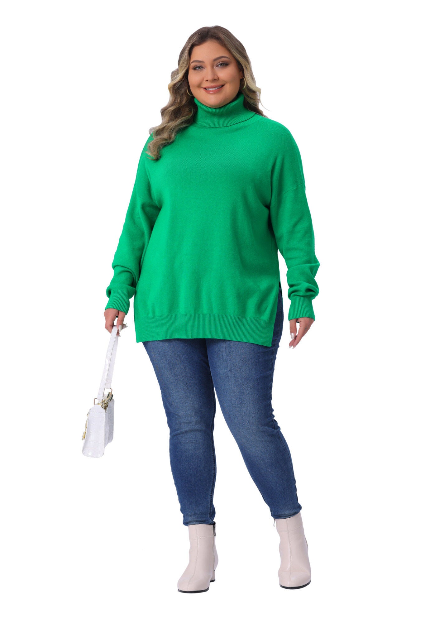 Turtle Neck Side Slit Casual Pullover Knit Top, Green / Kelly Green, hi-res image number 0