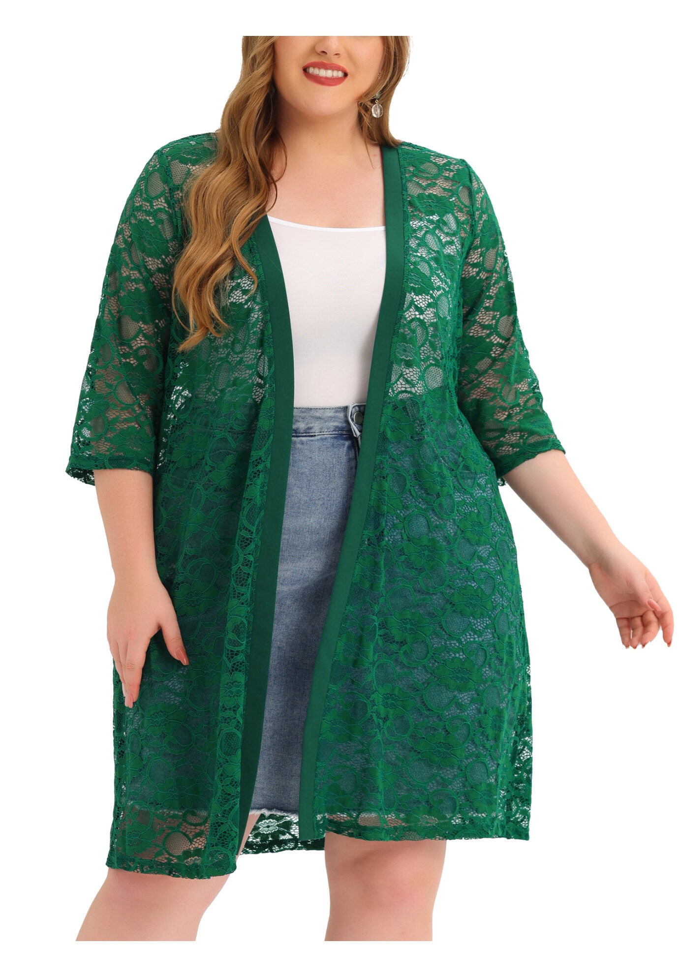 LACE CROCHET 3/4 SLEEVE COVER UP CARDIGAN, Green / Forest Green, alternate image number 1