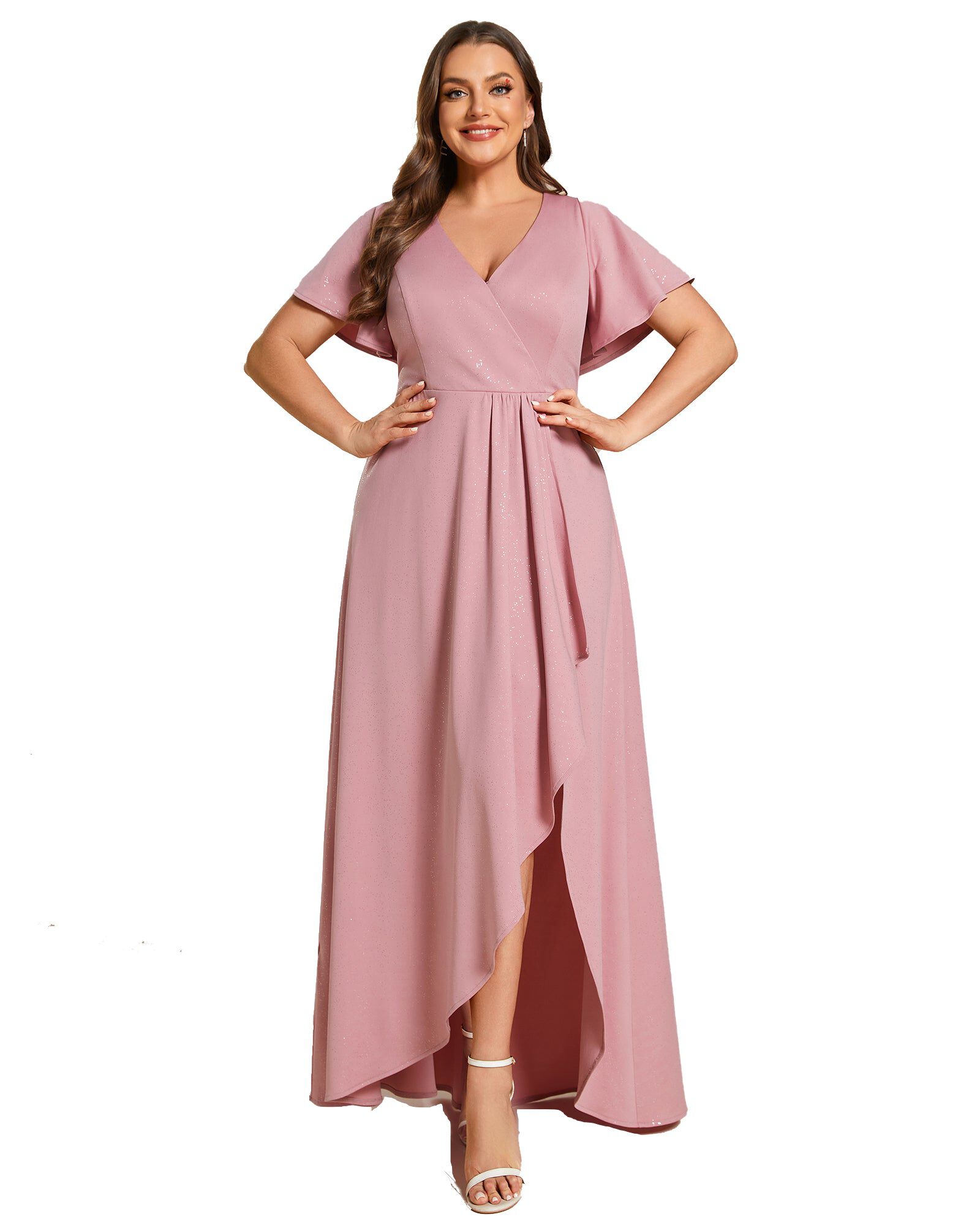 Glitter High-Low Front Side Slit Ruffled V-Neck Evening Dress, Dusty Rose / Pink, hi-res image number 0