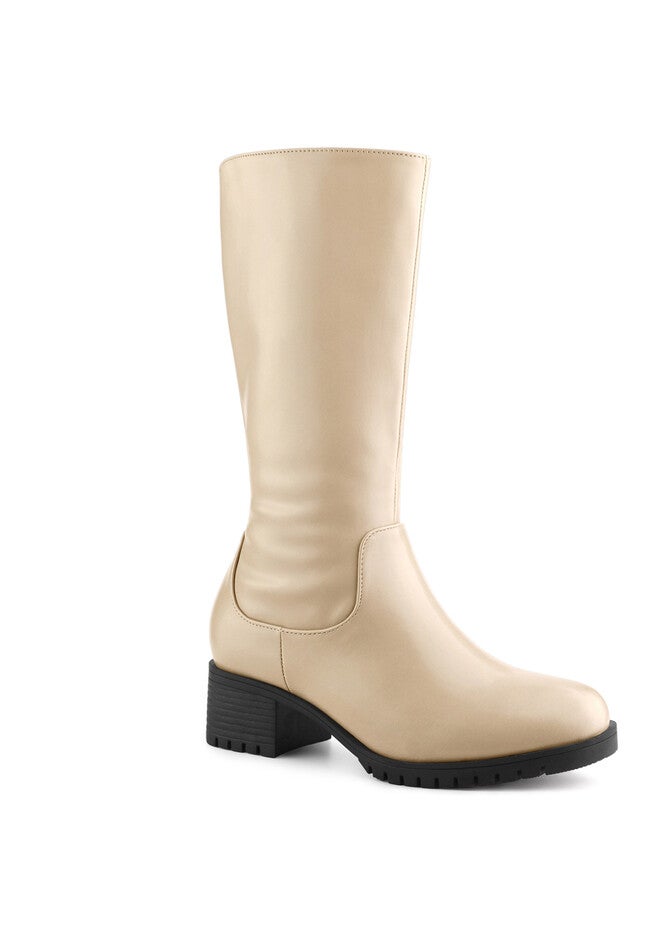 Riding Combat Boot Round Toe Chunky Heels Mid Calf Boots, Tan / Tan, hi-res image number 0
