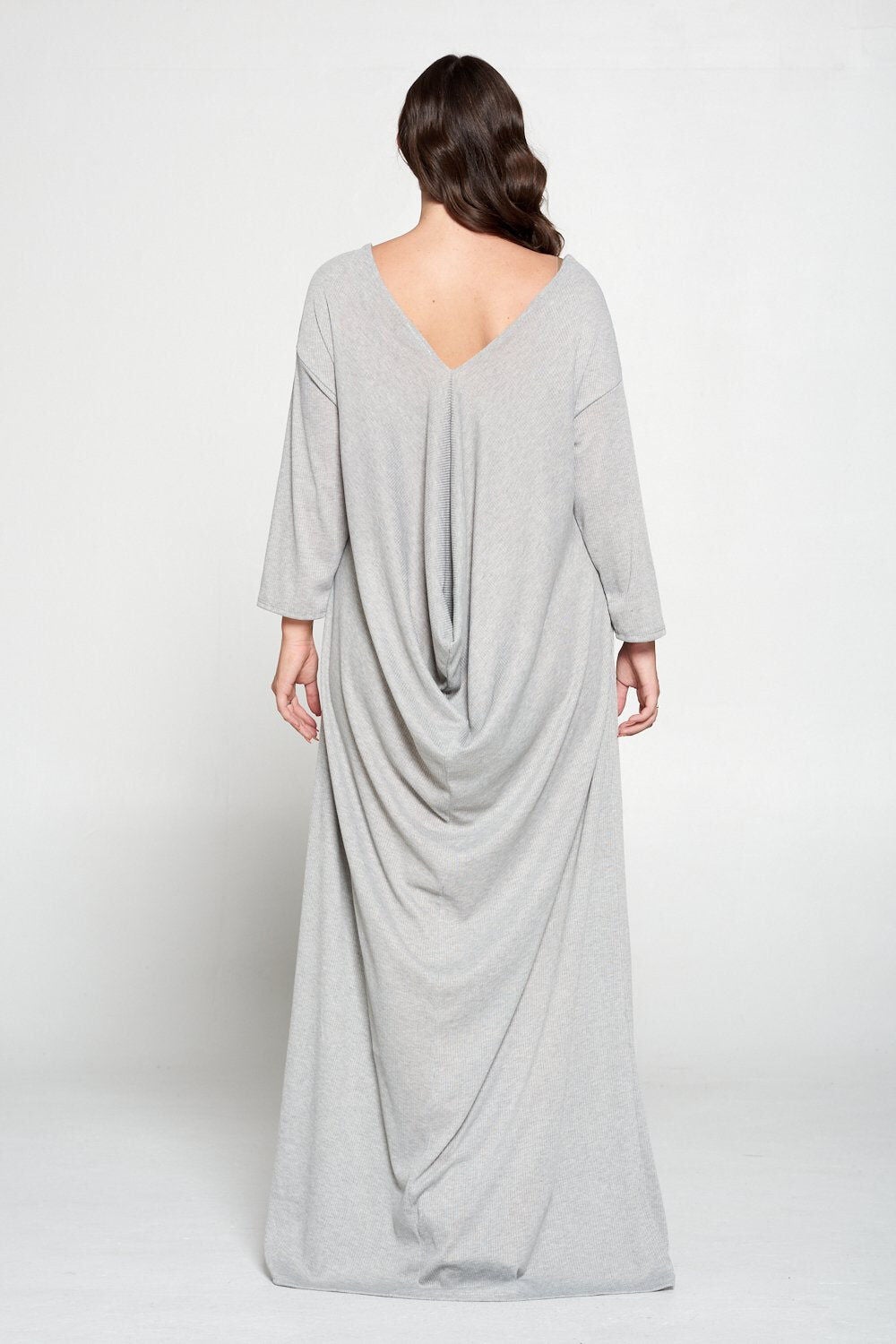 RIBBED LONG SLEEVE DRAPED CONTEMPORARY DRESS, Light Grey Rib / Cool Gray, alternate image number 1