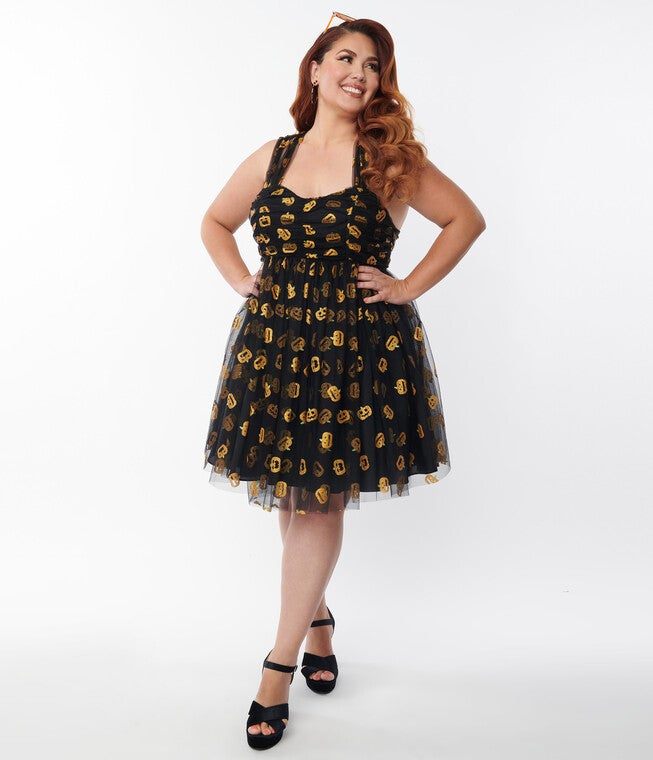 Unique Vintage Black & Pumpkin Print Babydoll Dress, Black / Black, hi-res image number 0
