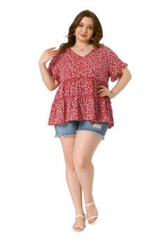 Floral Print V Neck Ruffles Sleeve Tiered Babydoll Blouse
