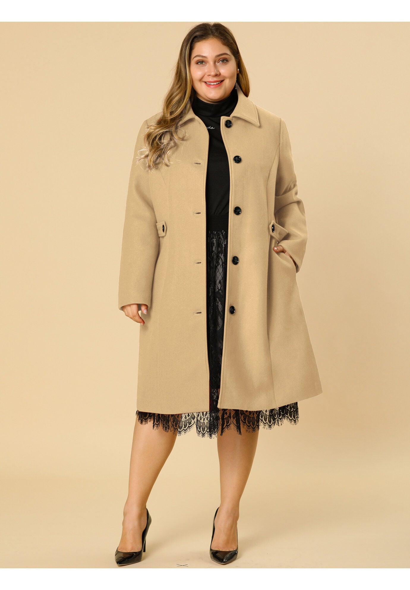 SINGLE BREASTED BELTED WINTER LONG COAT, Khaki / Taupe, alternate image number 1