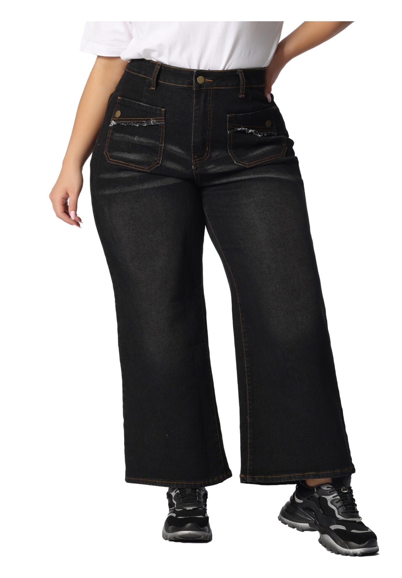 WIDE LEG WASHED STRETCHY PALAZZO PANTS DENIM JEANS, Black / Black, alternate image number 1