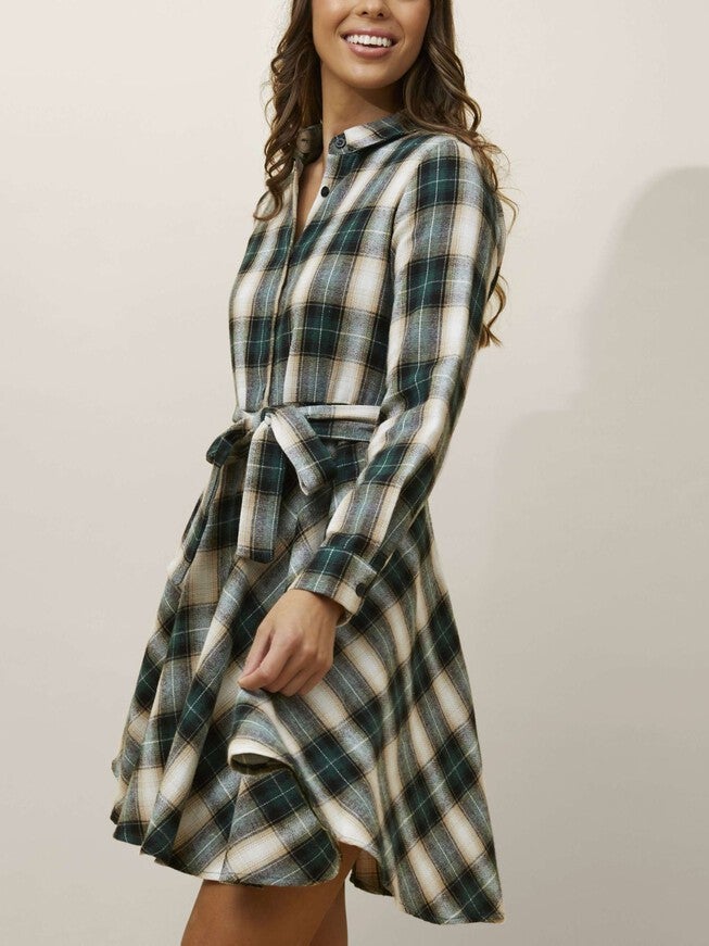 Fiona Shirt Dress Waist Tie Plaid Print Green, Green / Olive Green, alternate image number 3