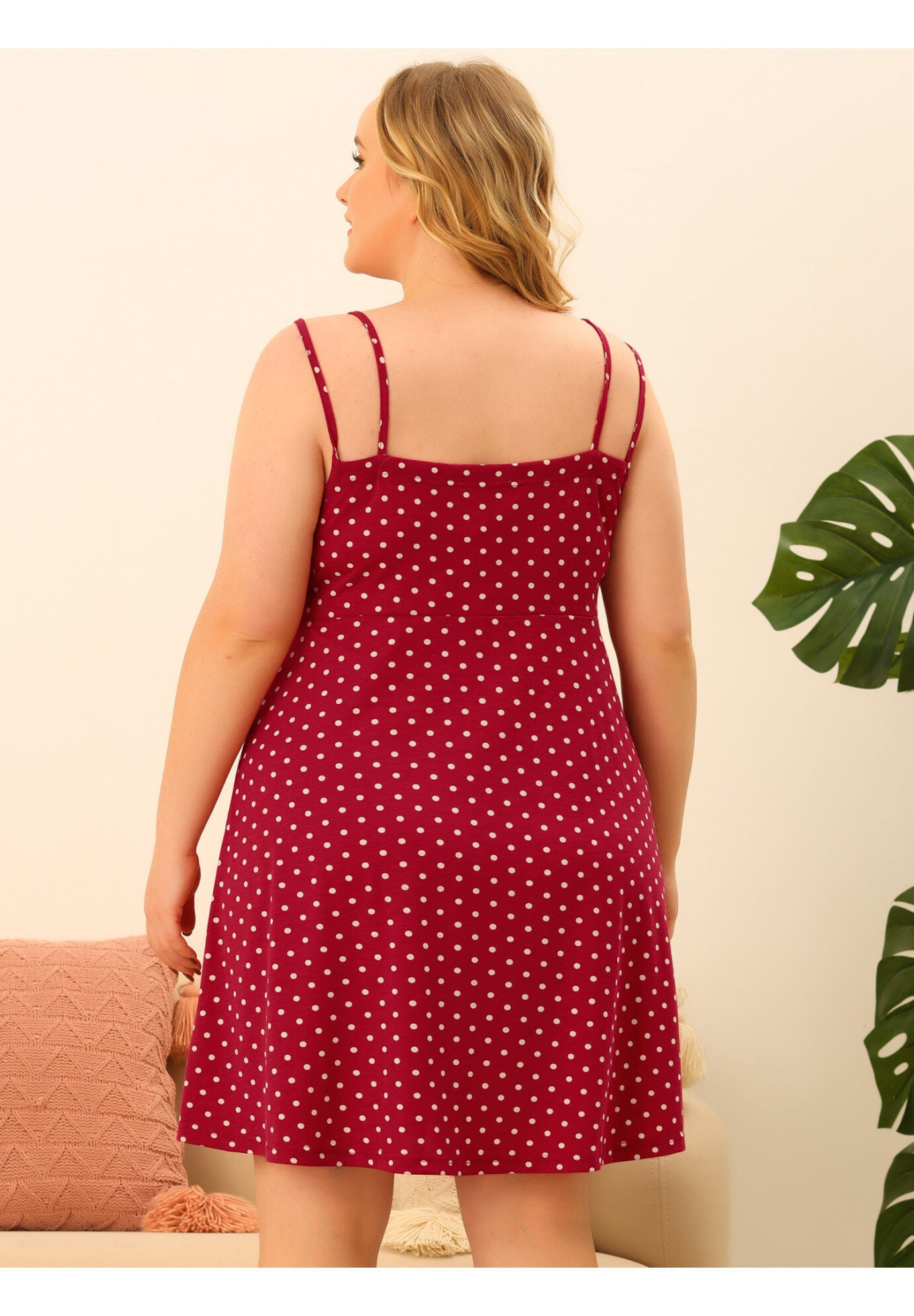 CAMI DEEP V KNIT POLKA DOTS NIGHTGOWN LINGERIE, Red / Red, alternate image number 3
