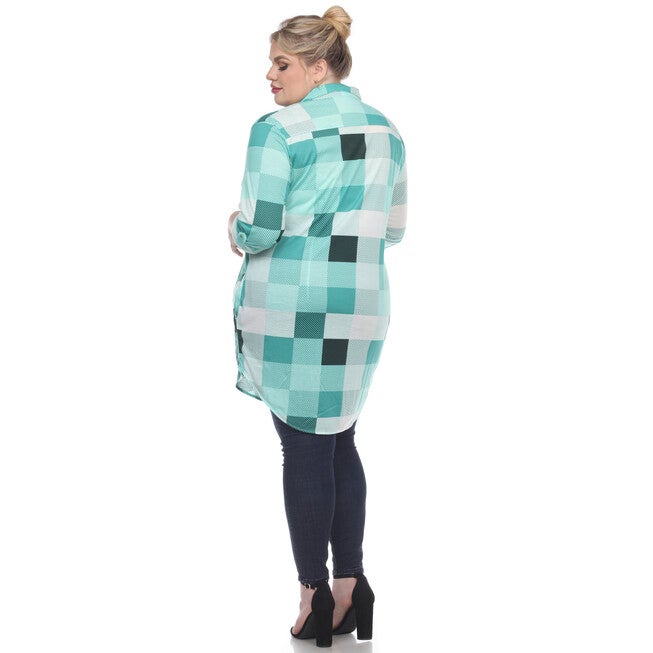 Plaid Button Down Tunic Shirt, Green White / Light Green, alternate image number 3