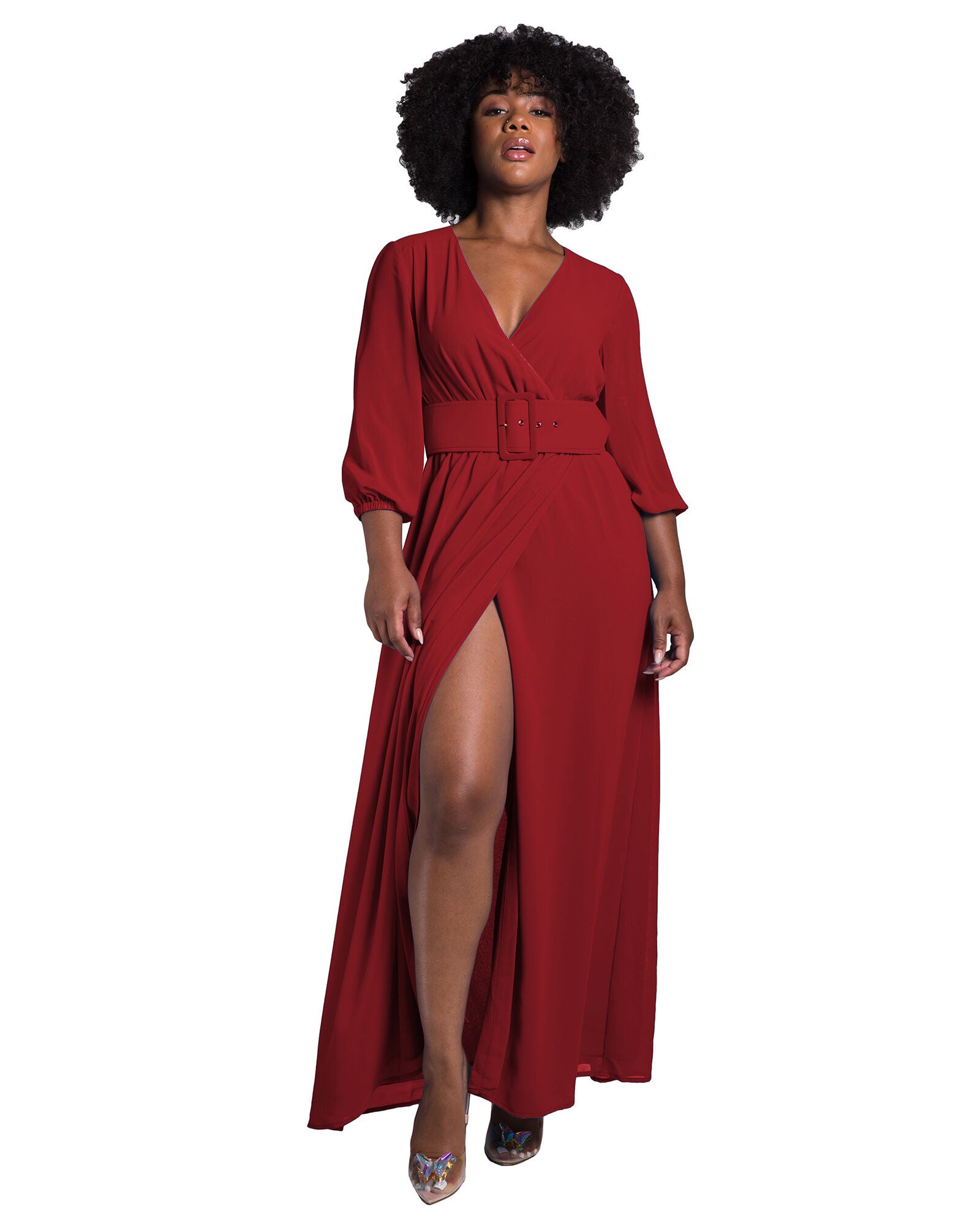 Tida Women&#39;s Plus Size Belted Surplice Maxi Dress, Sunset / Burgundy, hi-res image number 0