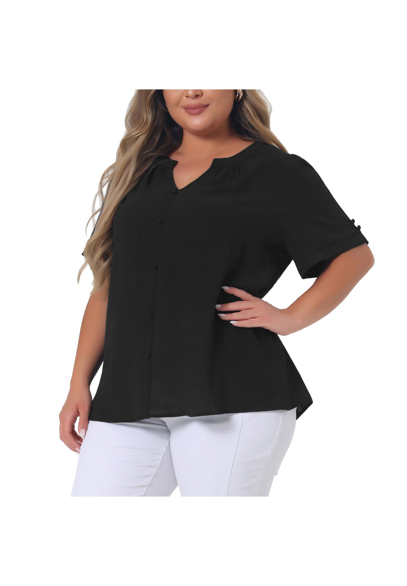 Ruched V Neck Short Sleeve Shirt, Black / Black, alternate image number 2