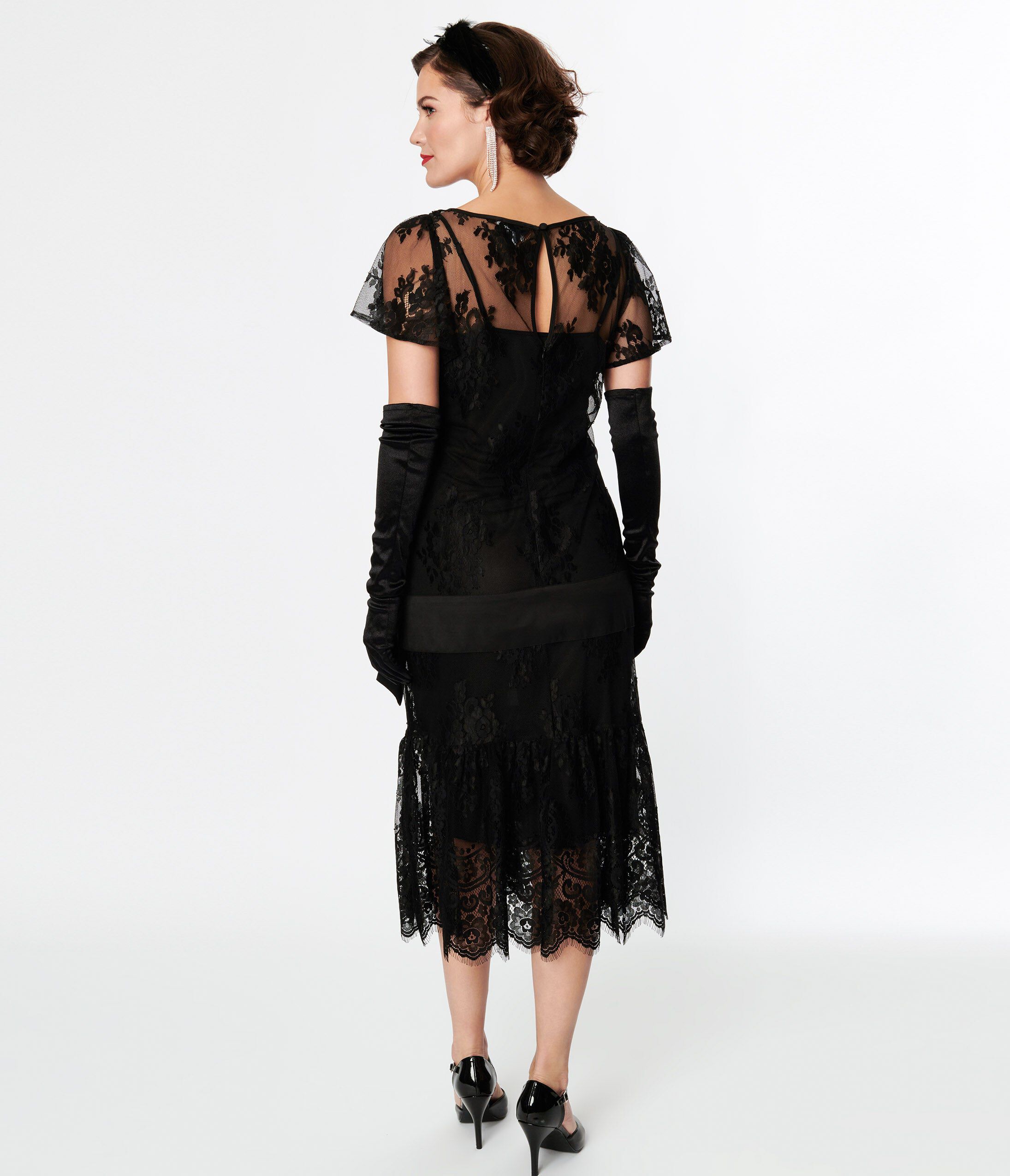 Unique Vintage Black Lace & Bow Flapper Dress, Black Floral Lace  Bow / Black, alternate image number 3