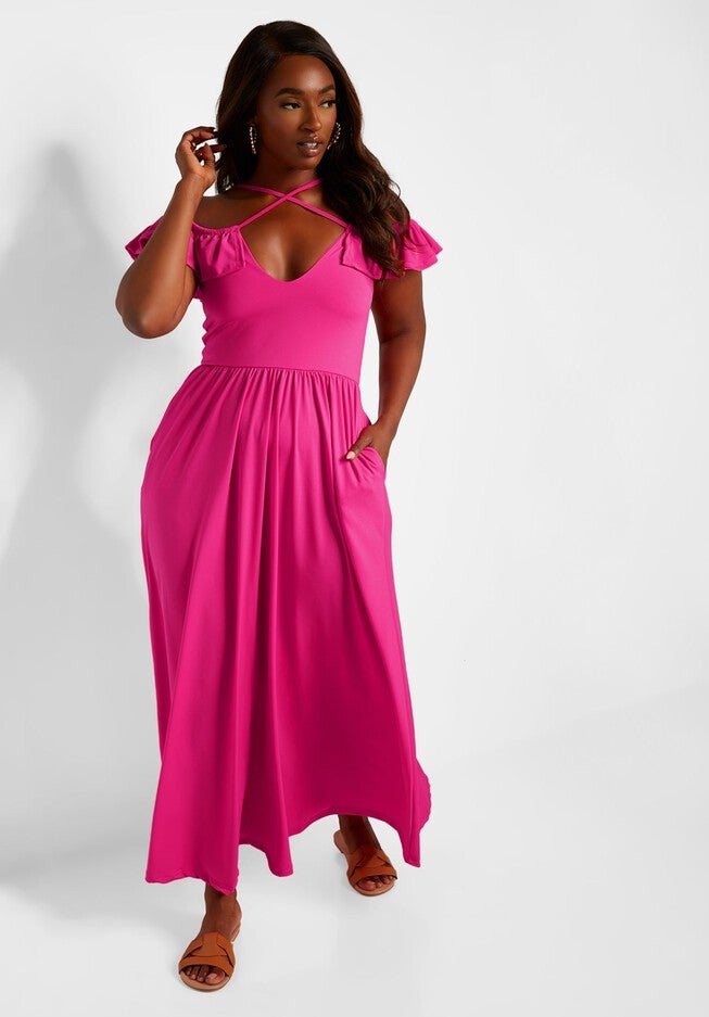 Pure Intentions Ruffle Sleeve Maxi A Line Dress W. Pockets, Fuchsia / Deep Fuchsia, alternate image number 1