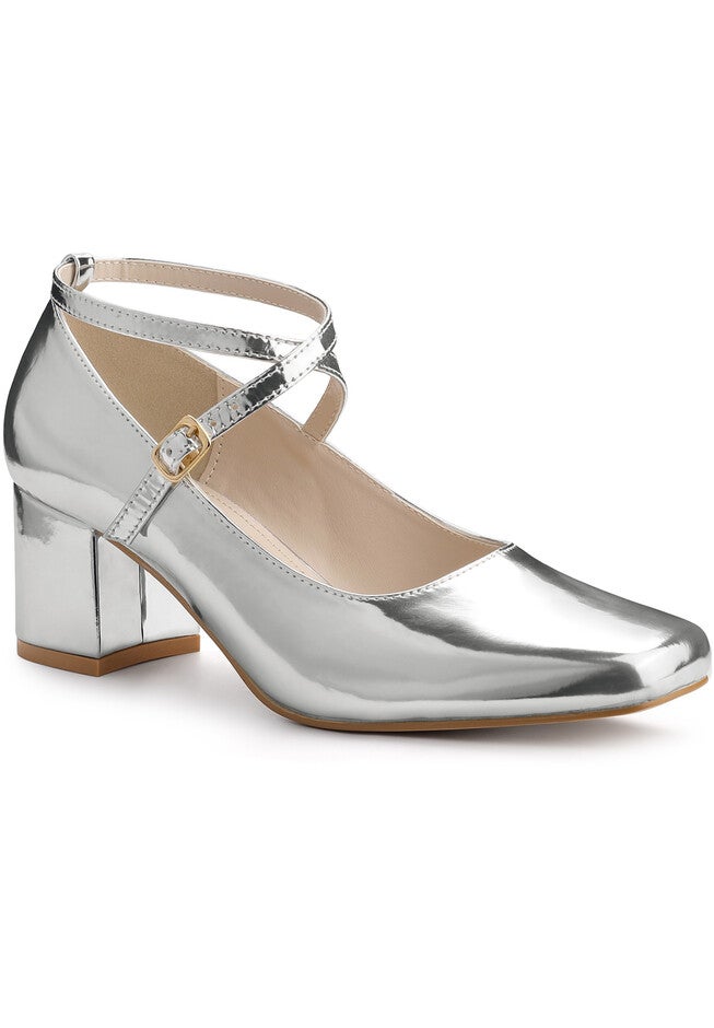 Mary Jane Square Toe Heels Pumps, Silver / Silver, hi-res image number 0