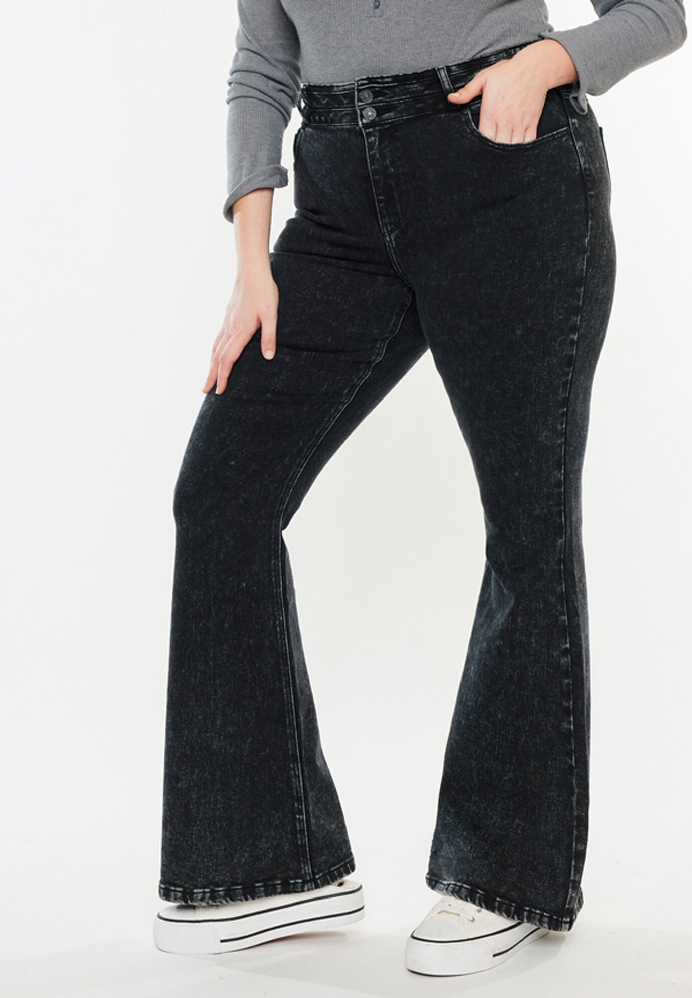 Amirah Ultra High Rise Flare Jeans (Plus Size), Black / Black, alternate image number 4