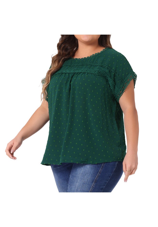 Swiss Dots Lace Crochet Short Sleeve Chiffon Blouse, Dark Green / Hunter Green, alternate image number 1