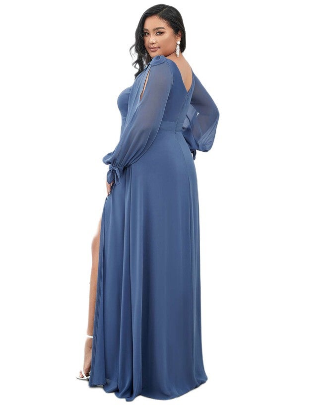 Open Lantern Sleeve A-Line Bridesmaid Dress, Dusty Navy / Dusty Blue, alternate image number null