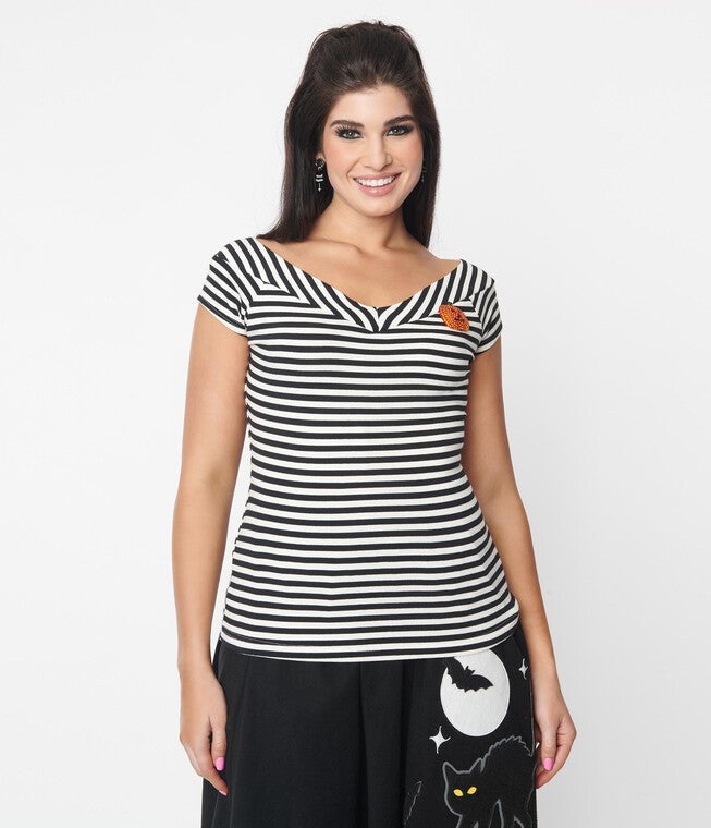 Unique Vintage Black & White Stripe Pumpkin Brooch Deena Top, Black White Stripe / Black, alternate image number 3
