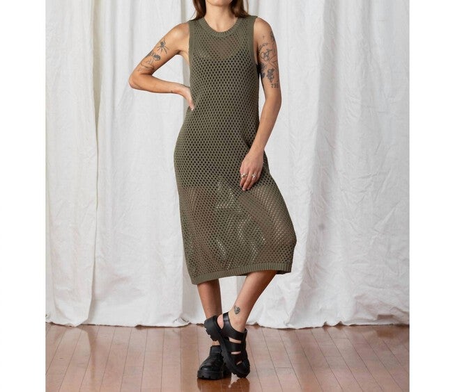 OPEN KNIT DRESS IN OLIVE, Olive / Hunter Green, alternate image number null