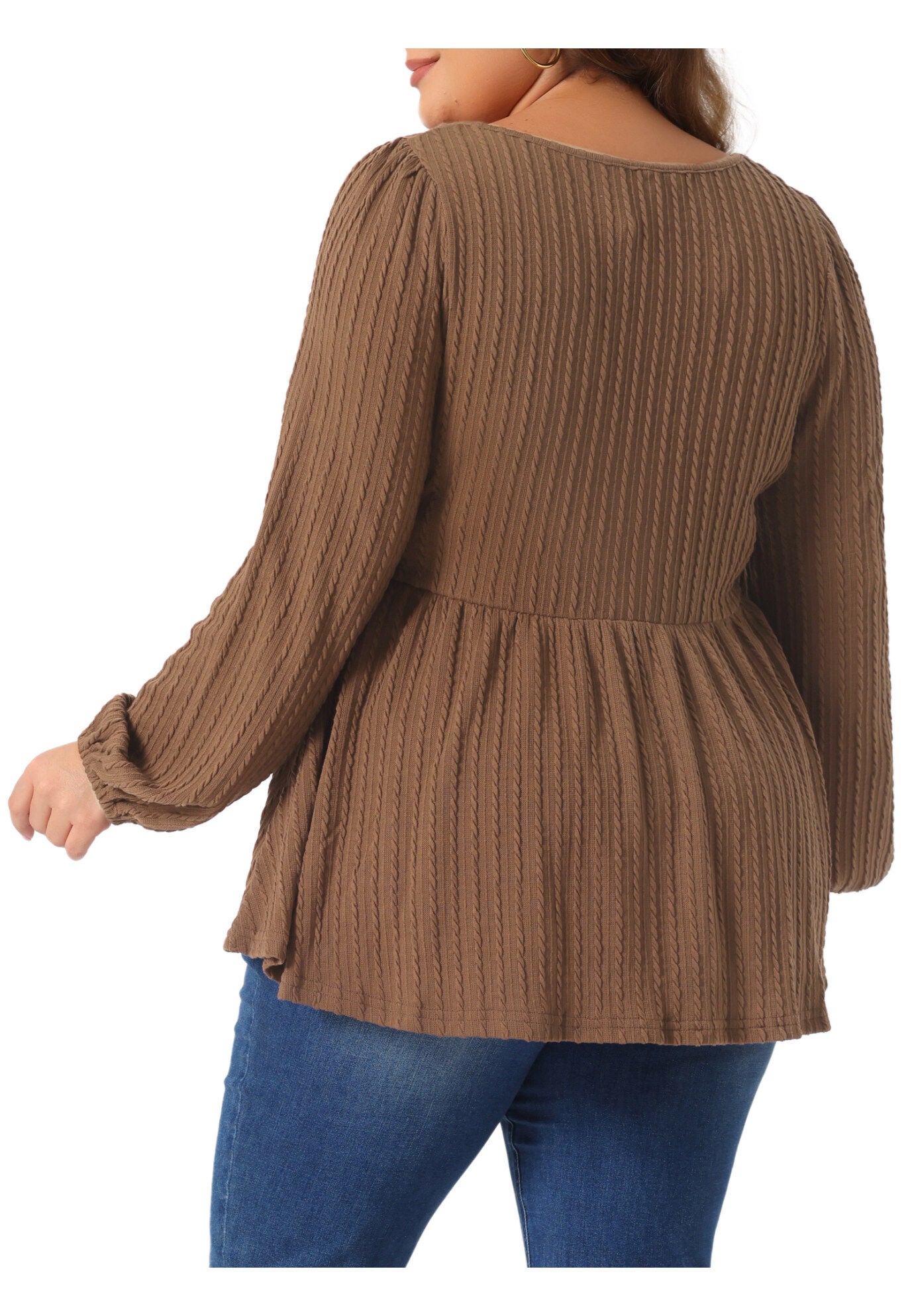 Scoop Neck Long Sleeve Ruffle Hem Peplum Knit Blouse, Brown / Brown, alternate image number 4