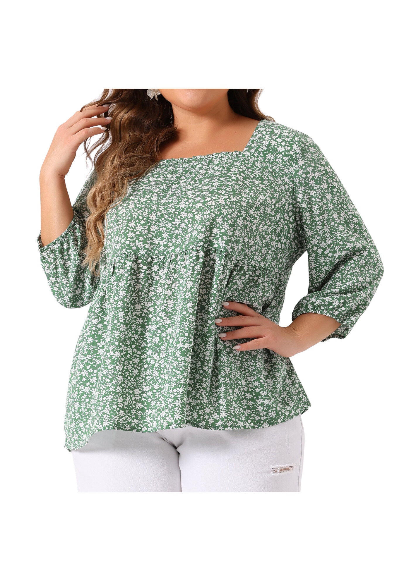 3/4 Sleeve Floral Peplum Babydoll Blouse, Green / Light Green, alternate image number 1