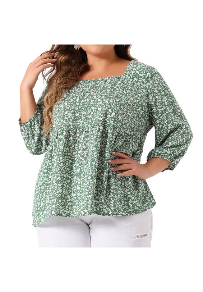 3/4 Sleeve Floral Peplum Babydoll Blouse, Green / Light Green, alternate image number 1