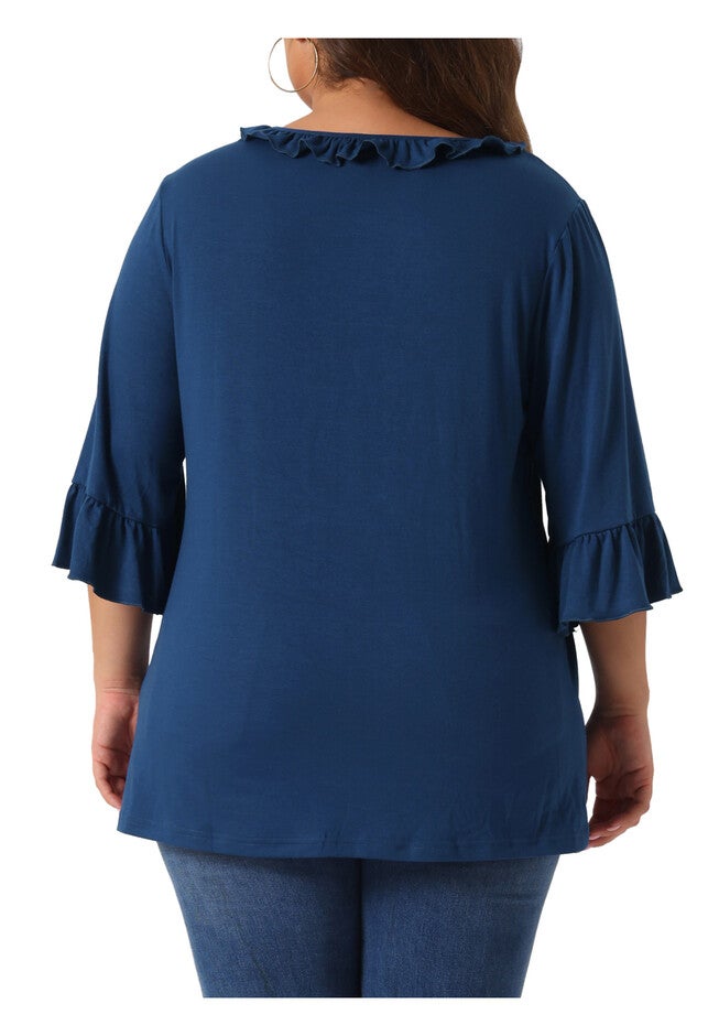 Ruffle Blouse 3/4 Sleeve V Neck Tunic Top, Blue / Navy, alternate image number 3