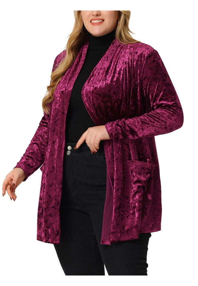 VINTAGE SHAWL COLLAR OPEN FRONT VELVET CARDIGAN, Wine / Red, alternate image number 1