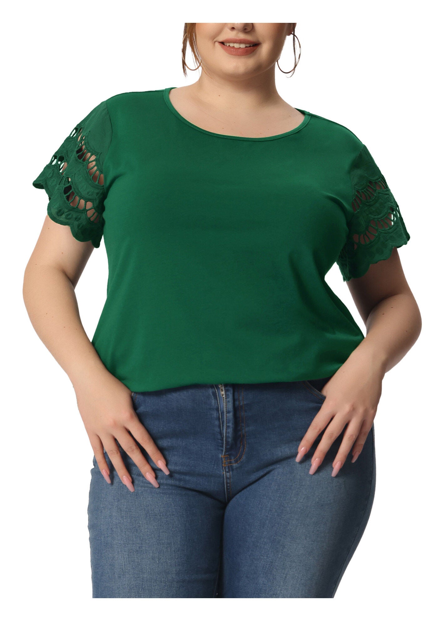 Lace Panel Hollow Short Sleeve Summer Blouse, Dark Green / Hunter Green, alternate image number 1