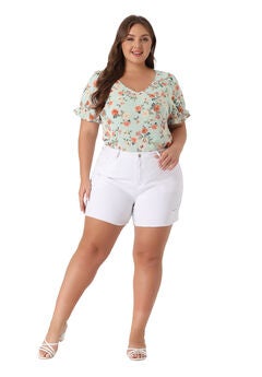 Floral V Neck Ruffle Short Sleeve Blouse Summer Top