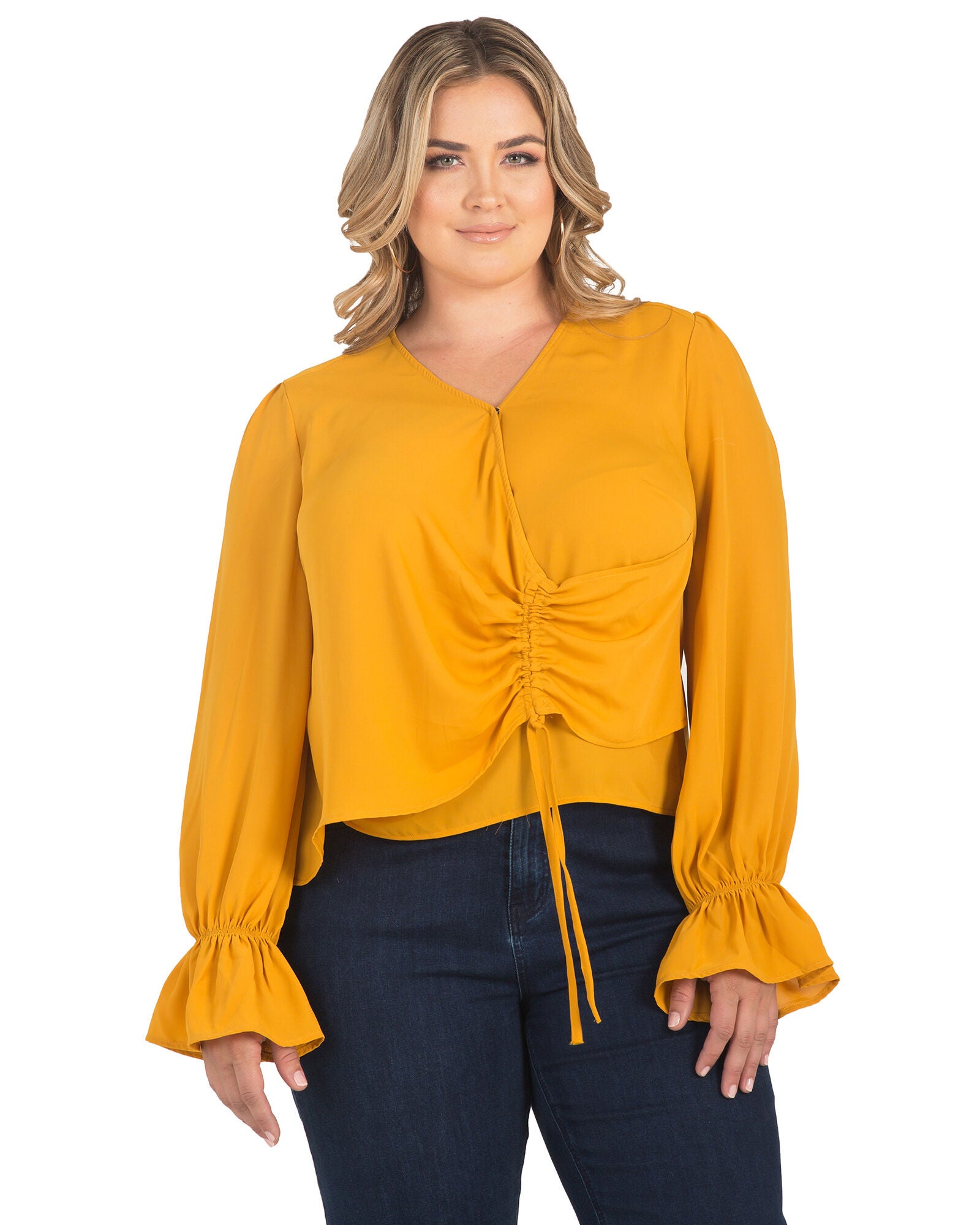 Plus Size Vera Tie Front Flute Sleeve Blouse, Ginger / Mustard, hi-res image number 0