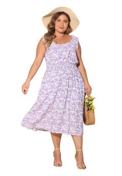 Square Neck Sleeveless Floral Flowy Stretchy Waist Midi Summer Dress