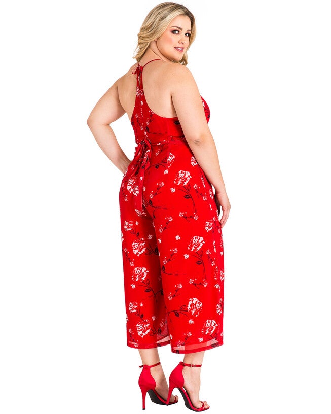 Plus Size Dianna Halter Capri Jumpsuit with Front Splits, Red Tulip / Red, alternate image number null