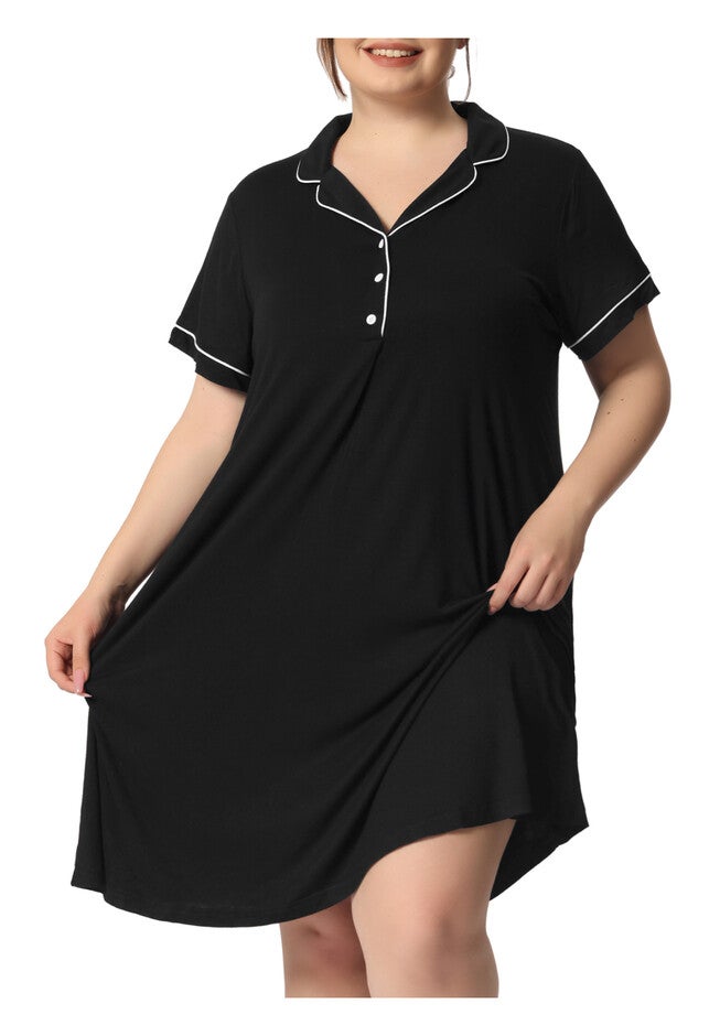 Short Sleeves Pajama Button Down Nightshirt, Black / Black, alternate image number 2