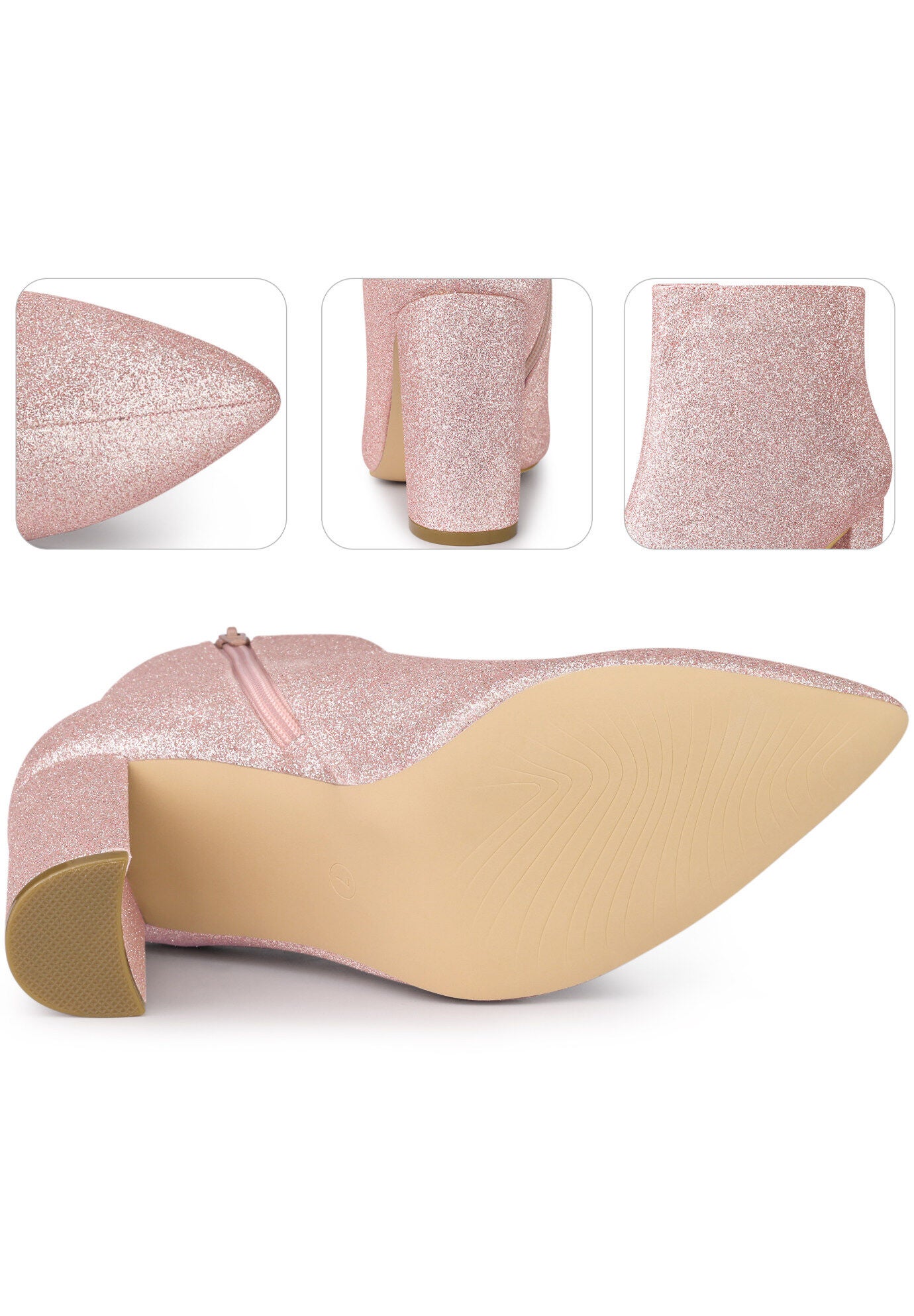 Glitter Pointed Toe Chunky Heels Sparkly Booties, Pink / Pink, alternate image number 2